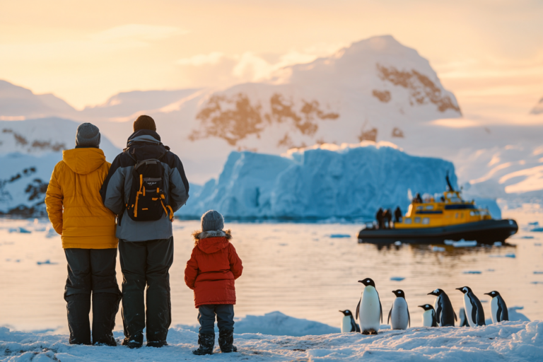 A family of three (parents and a child, age 8-10) dressed in warm, colorful expedition gear face away from camera towards the icy shores of Antarctica. Behind them, towering blue icebergs glisten under the golden sunlight. A group of curious penguins waddles nearby, while a Zodiac boat with other travelers approaches from the distance. The sky is clear with soft clouds, evoking a sense of adventure and discovery. The family looks joyful and excited, ready for their polar expedition