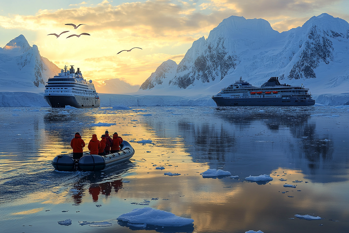 Three distinct expedition ships are anchored in a scenic polar setting, each representing a different cruise company. One is a sleek, modern luxury vessel, another a rugged icebreaker, and the third a mid-sized exploration ship. In the foreground, travelers in red and orange parkas embark on a Zodiac excursion, gliding through icy waters with majestic snow-covered mountains in the distance. The setting sun casts a golden glow over the frozen landscape, reflecting off the ice floes as seabirds soar overhead